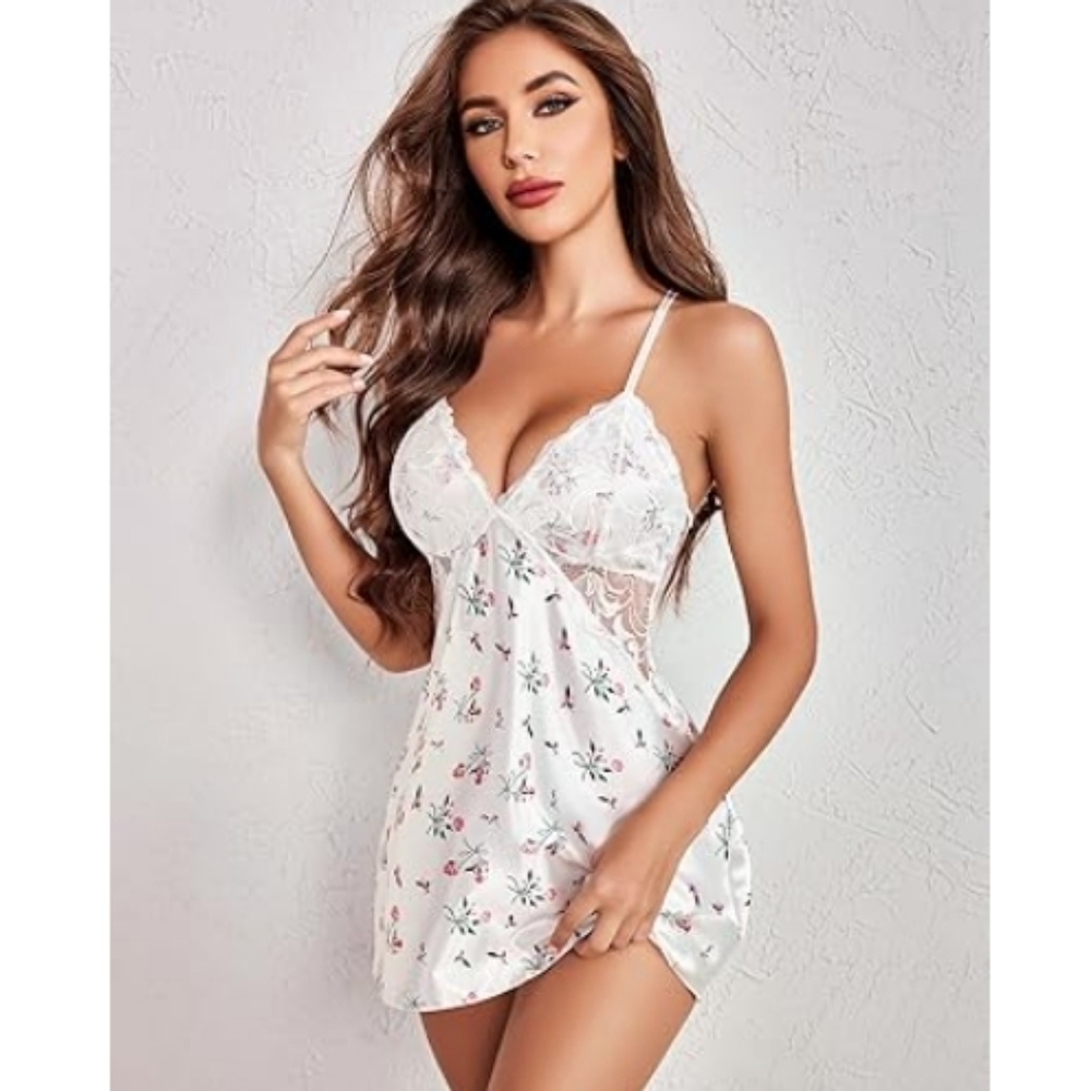 Avidlov Lingerie VNeck Nightwear Satin Lace Chemise Mini Teddy White